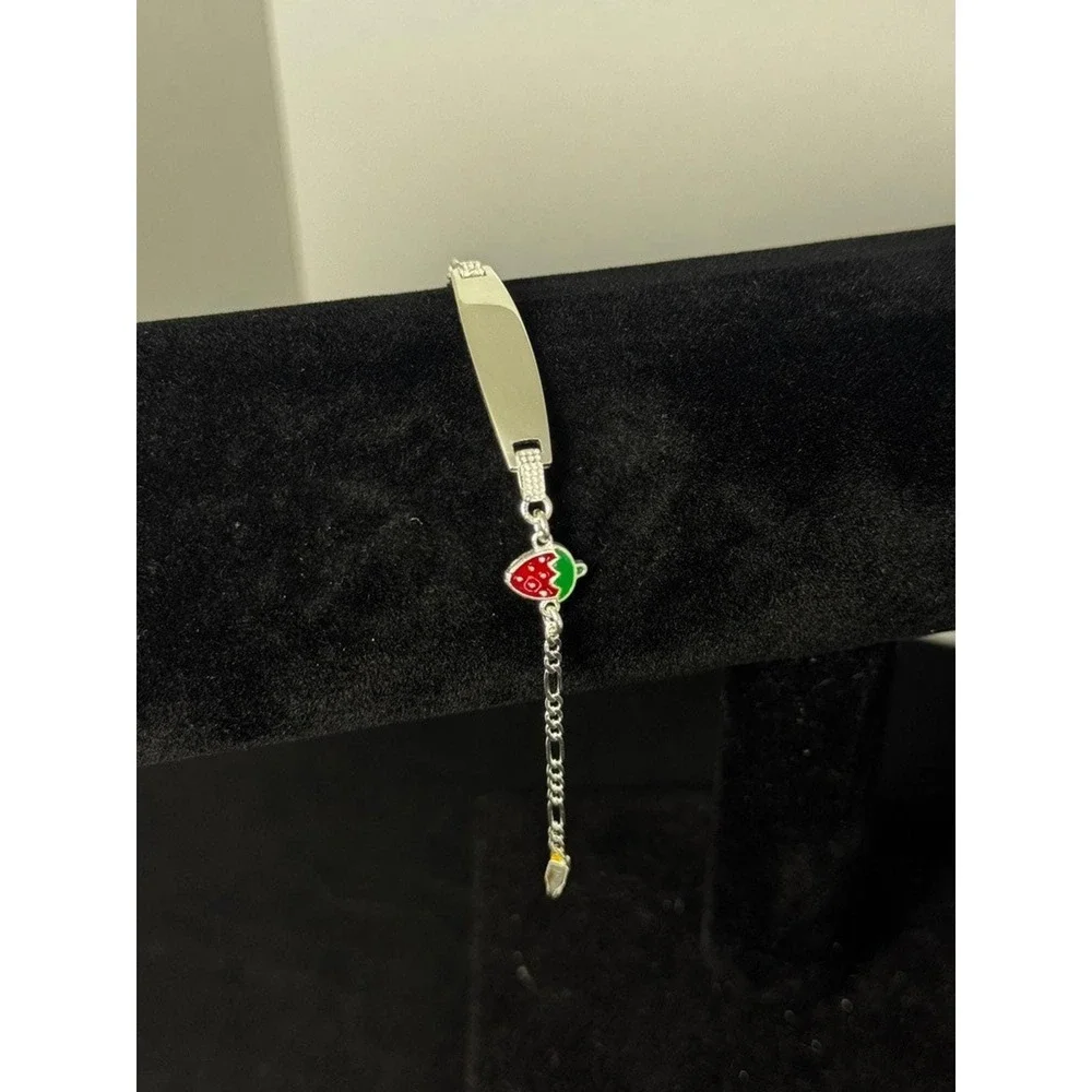 Sterling Silver Kids ID Bracelet 6 Inch Figaro Chain Strawberry Charm 925 4g